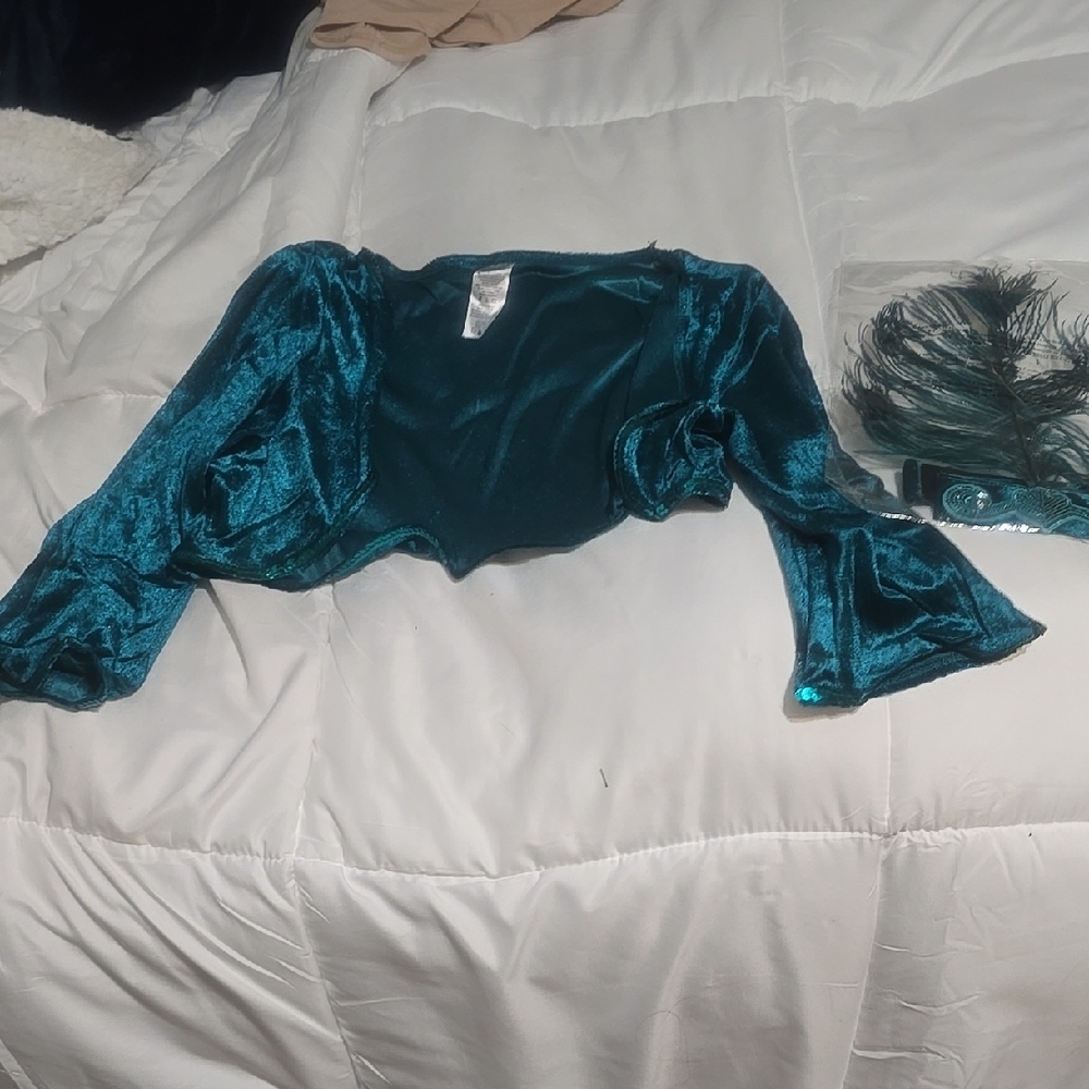 Teal Velvet Crop Top with Feather Accessory